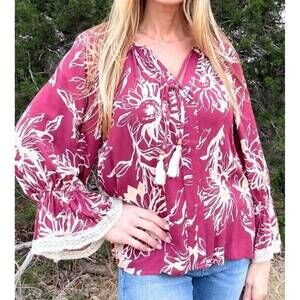NEW ODDI floral printed blouse in burgundy